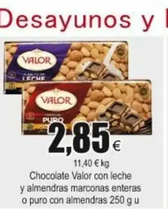 FROIZ Chocolate Valor con leche y almendras marconas enteras o puro con almendras 250g u oferta