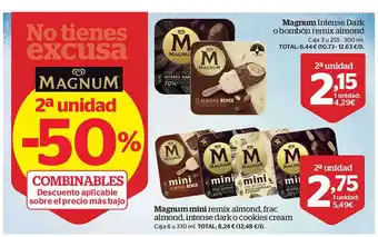 La Sirena 2a unidad -50% magnum intense dark o bombón remix almond magnum mini remix almond, frac almond, intense dark o cookies cream oferta
