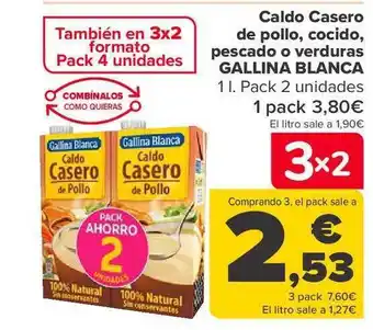 Carrefour Caldo casero de pollo, cocido, pescado o verduras gallina blanca pack 2 oferta