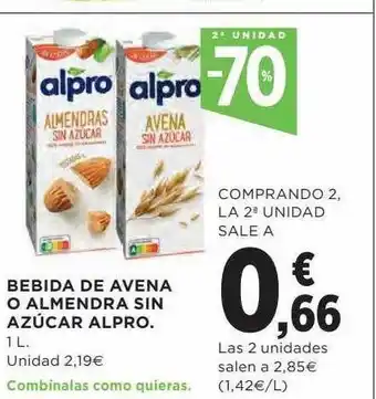 Hipercor 2a unidad -70% bebida de avena o almendra sin azúcar alpro oferta