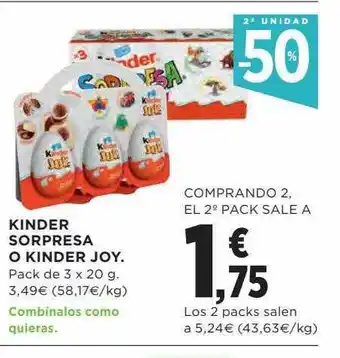Hipercor 2a unidad -50% kinder sorpresa o kinder joy oferta