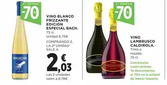 Hipercor 2a unidad -70% vino blanco frizzante edición especial bach 2a unidad -70% vino lambrusco caldirola tinto o rosado oferta