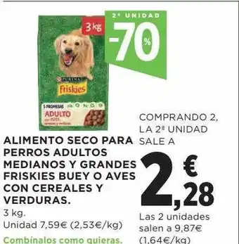 Hipercor 2a unidad -70% alimento seco para perros adultos medianos y grandes friskies buey o aves con cereales y verduras oferta