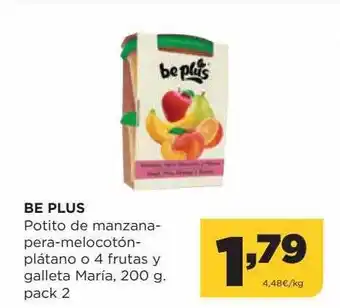 Alimerka Be plus potito de manzana-pera-melocotón-plátano o 4 frutas y galleta maria oferta