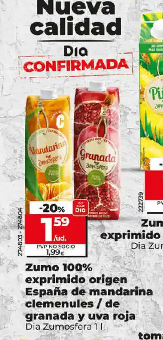 Dia Zumo 100% exprimido origen España de mandarin clemenules/ de granada y uva roja oferta