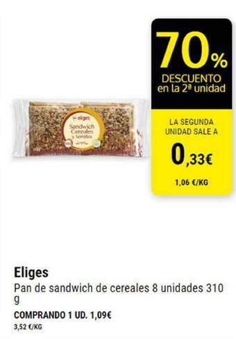 BM Supermercados Eliges Pan De Sandwich De Cereales 8 Unidades 310g oferta