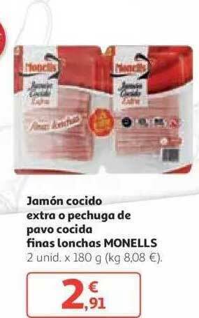 Alcampo Jamón Cocido Extra O Pechuga De Pavo Cocida Finas Lonchas Monells x 180g oferta
