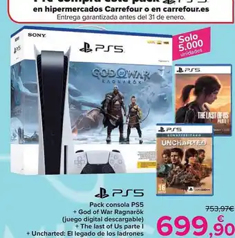 Carrefour Ps5 pack consola ps5 + god of war ragnarök (juego digital descargable) + the last of us parte i + uncharted: el legado de los oferta