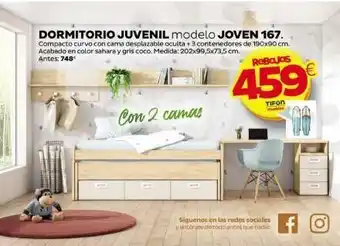 Tifón Hipermueble Dormitorio juvenil modelo joven 167. compacto curvo con cama desplazable oculta +3 contenedores de 190x90 cm. acabado en colo oferta
