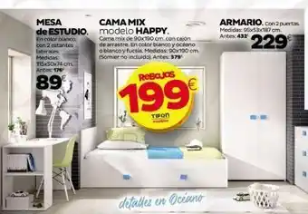 Tifón Hipermueble Be mesa de estudio en color blanco, con 2 estantes laterales medidas: 115x50x74 cm. antes: 176 89€ cama mix modelo happ oferta