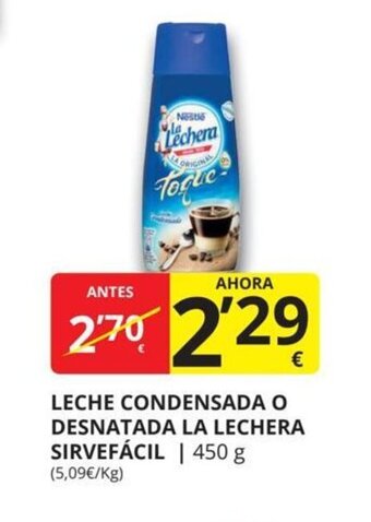 Supermercados MAS Leche condensada o desnatada la lechera sirvefácil oferta