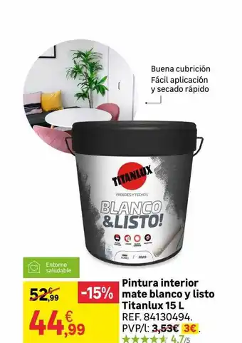 Leroy Merlin Pintura interior mate blanco y listo titanlux 15 l oferta