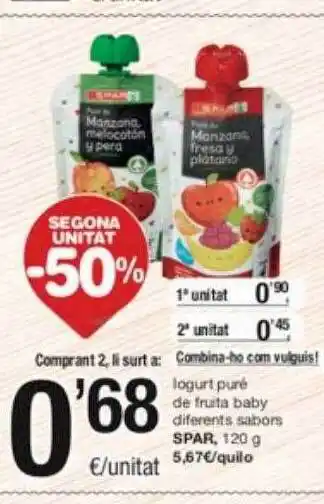 SPAR Fragadis Segona unitat -50% iogurt puré de fruta baby diferents sabors spar oferta