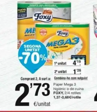 SPAR Fragadis Segona unitat -70% paper mega 3 higiènic o de cuina foxy oferta