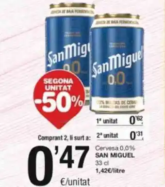 SPAR Fragadis Segona unitat -50% cervesa 0.0% san miguel oferta