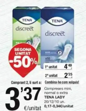 SPAR Fragadis Segona unitat -50% compreses mini, normal o extra tena lady oferta