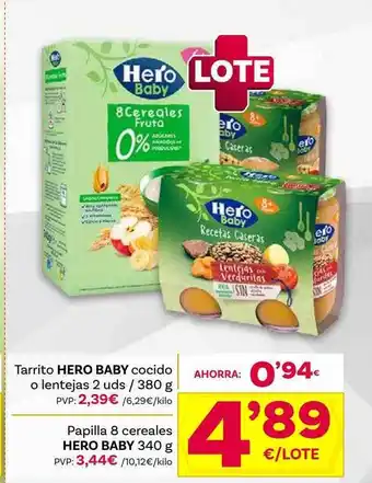 Supermercados Dani Tarrito hero baby cocido o lentejas papilla 8 cereales hero baby oferta