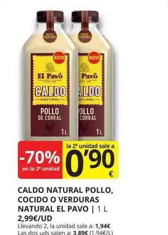 Supermercados MAS -70% en la 2a unidad caldo natural pollo cocido o verduras natural el pavo oferta