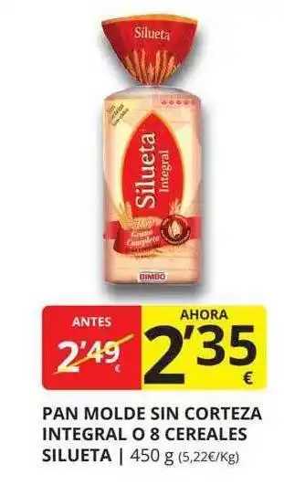 Supermercados MAS Pan molde sin corteza integral o 8 cereales silueta oferta