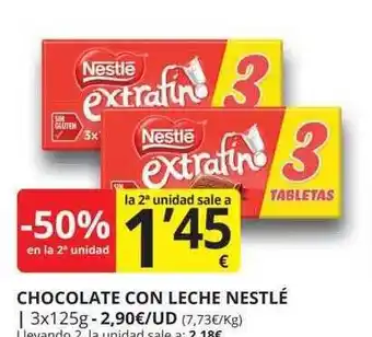Supermercados MAS -50% en la 2a unidad chocolate con leche nestlé oferta