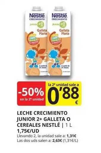 Supermercados MAS -50% en la 2a unidad leche crecimiento junior 2+ galleta o cereales nestlé oferta