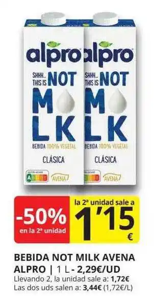 Supermercados MAS -50% en la 2a unidad bebida not milk avena alpro oferta