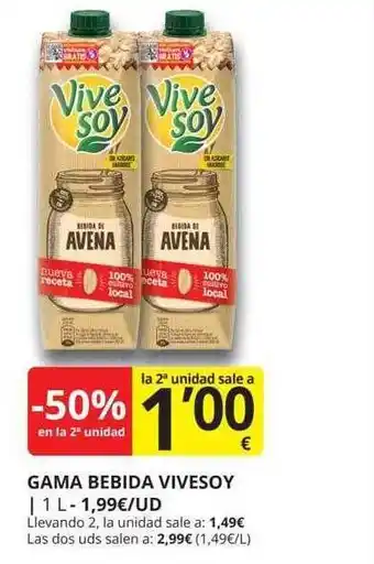 Supermercados MAS -50% en la 2a unidad gama bebida vivesoy oferta