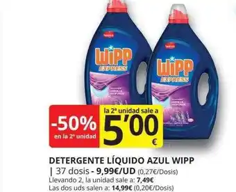 Supermercados MAS -50% en la 2a unidad detergente liquido azul wipp oferta