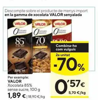 Caprabo 2a unitat -70% valor xocolata 85% sense sucre oferta