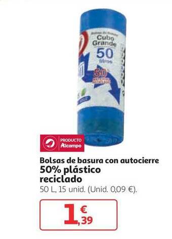 Alcampo Bolsas De Basura Con Autocierre 50% Plástico Reciclado 50L oferta