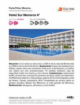 Viajes El Corte Inglés Punta prima. menorca. urbanización biniancolla. hotel sur menorca 4* nuestras ventajas servicios ofrecidos club hotel si oferta