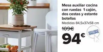 Carrefour Mesa auxiliar cocina con ruedas 1 cajón, dos cestas y estante botella oferta