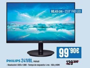 Beep 60,45 cm-23.8" fhd led philips 241v8l phi -resolución 1.920 x 1080 - tiempo de respuesta: 4 ms - vga y home 99.90€ 129.90 oferta
