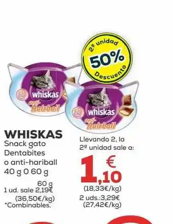 Kiwoko 2a unidad -50% de descuento whiskas snack gato dentabites o anti-hariball oferta