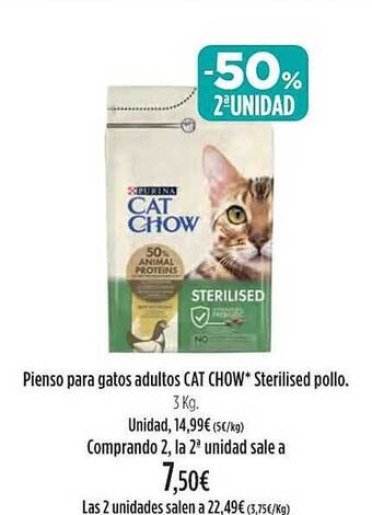 El Corte Inglés -50% 2a unidad pienso para gatos adultos cat chow sterilised pollo oferta