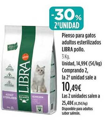 El Corte Inglés -30% 2a unidad pienso para gatos adultos esterilizados libra pollo oferta