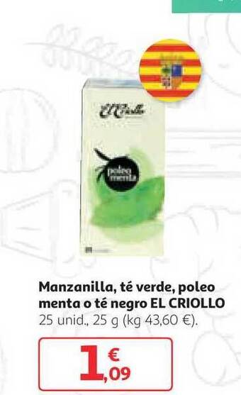Alcampo El Criollo Manzanilla Té Verde Poleo Menta O Té Negro 25unid,25g oferta