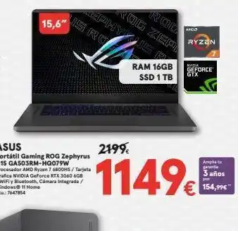 Worten 15,6" asus portátil gaming rog zephyrus g15 ga503rm-hq079w procesador amd ryzen 7 6800hs/tarjeta grafica nvidia geforce rtx oferta