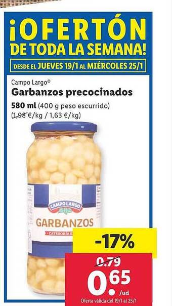Lidl Campo largo garbanzos precocinados oferta