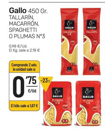 AhorraMas Gallo 450gr. Tallarín Macarrón Spaghetti O Plumas N°3 oferta