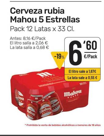 AhorraMas Cerveza Rubia Mahou 5 Estrellas x 33cl oferta