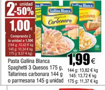 FROIZ Pasta Gallina Blanca Spaghetti 3 Quesos 175 g. Tallarines Carbonara 144 g. o Parmesana 145 g unidad oferta