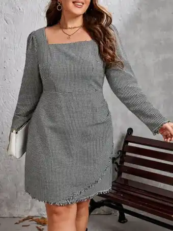 Vestido con estampado de pata de gallo de cuello cuadrado ribete sin dobladillo
