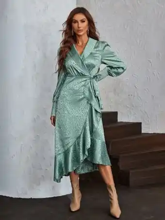 Vestido de leopardo jacquard de manga farol ribete con fruncido cruzado con nudo lateral