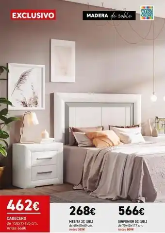 Merkamueble Exclusivo 462€ cabecero de 158x7x135 cm. antes 660€ madera de roble 268€ mesita 2c (ud.) de 60x40x60 cm. antes 3036 dis oferta
