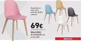 Disponible en rosa, cielo, amarillo, grafito y blanco. 69€ silla (ud.) de 45x50x85 cm. antes 99€ rebajas