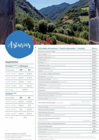 Viajes Tejedor Asturias  alojamientos  hoteles */** o albergue  temporada  01/02 - 31/03  29,70 €  30,80 €  01/05-31/05 31,90 €  01/04-30/04 oferta