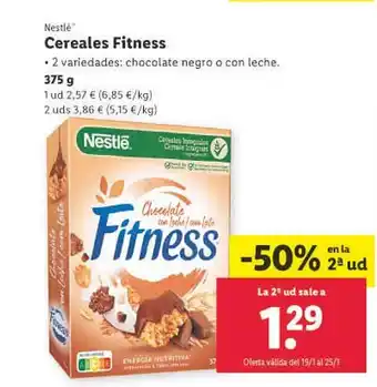 Lidl Nestlé cereales fitness 2 variedades: chocolate negro o con leche. oferta