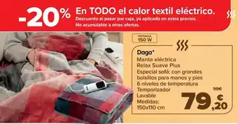 Carrefour Daga manta elétrica relax suave plus especial sofá: con grandes bolsillos para manos y pies 6 niveles de temperatura temporiz oferta