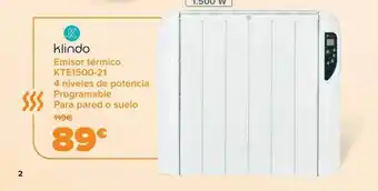 Carrefour Klindo emisor térmico kte1500-21 4 niveles de potencia programable para pared o suelo oferta